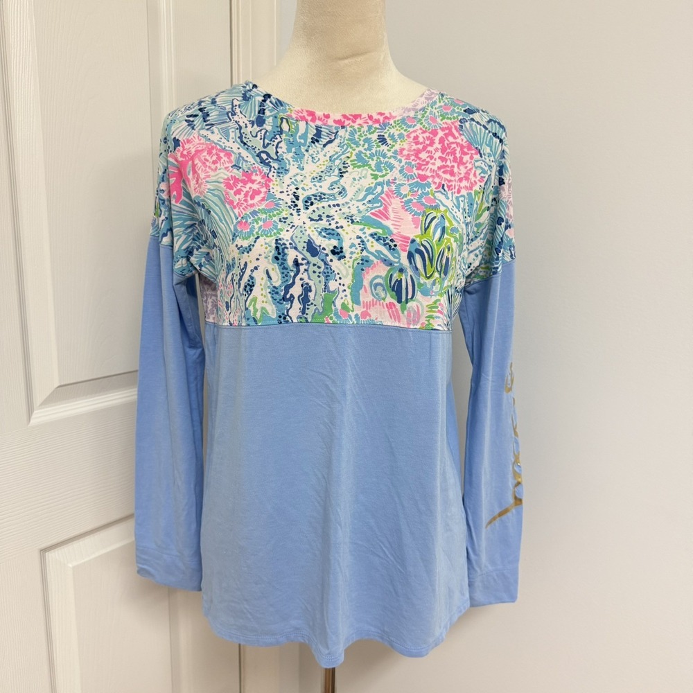 Lilly Pulitzer Blue "Sink Or Swim" Finn Long Sleeve Top Women XS Coastal Preppy